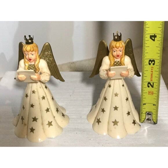 Vintage Angel Figurines Gold Star Pattern & Crowned Heads Set Of 2  Choir Angels - Picture 7 of 9